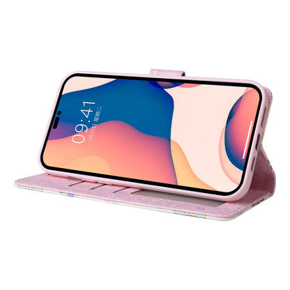 iPhone 14 Pro Luxury Bronzing Leather Case - Floral RFID Wallet Cover with Stand & Card Slots