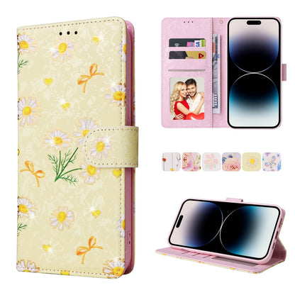iPhone 14 Pro Luxury Bronzing Leather Case - Floral RFID Wallet Cover with Stand & Card Slots