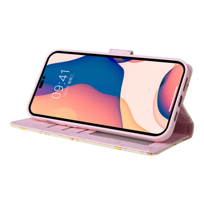 iPhone 14 Pro Luxury Bronzing Leather Case - Floral RFID Wallet Cover with Stand & Card Slots