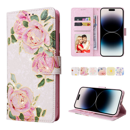 iPhone 14 Pro Luxury Bronzing Leather Case - Floral RFID Wallet Cover with Stand & Card Slots