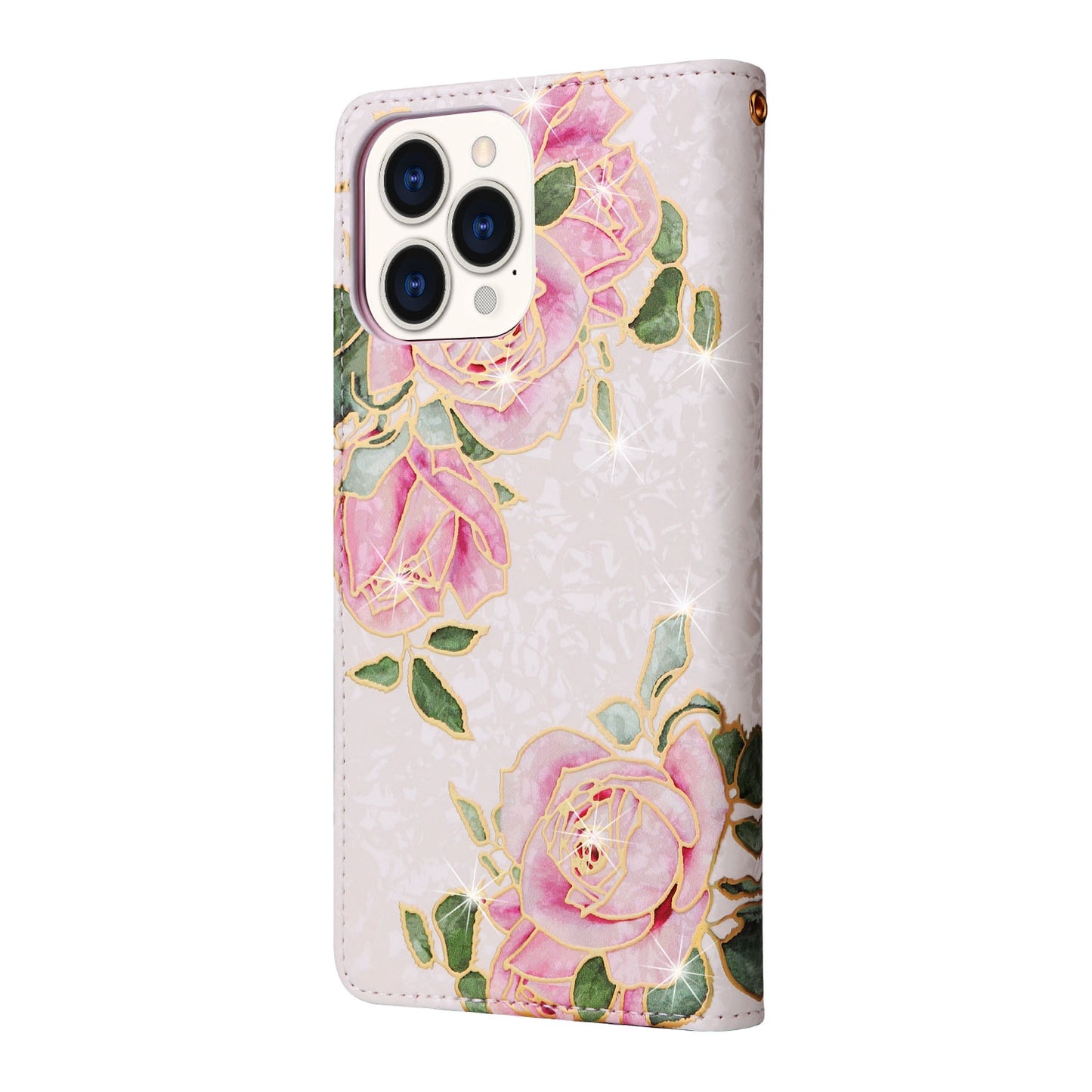 iPhone 14 Pro Luxury Bronzing Leather Case - Floral RFID Wallet Cover with Stand & Card Slots