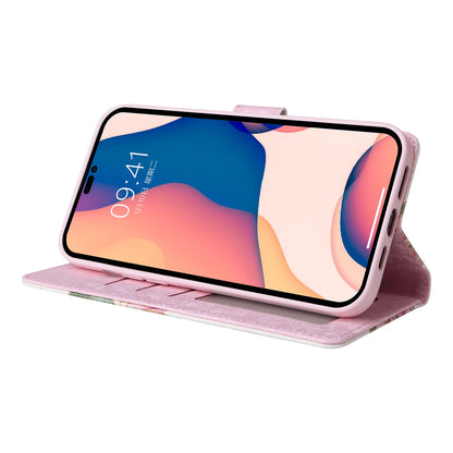 iPhone 14 Pro Luxury Bronzing Leather Case - Floral RFID Wallet Cover with Stand & Card Slots