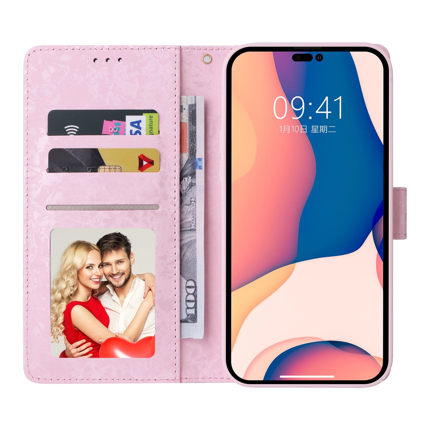 iPhone 14 Pro Luxury Bronzing Leather Case - Floral RFID Wallet Cover with Stand & Card Slots