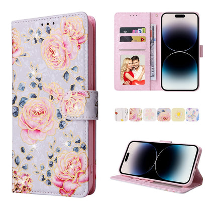iPhone 14 Pro Max Luxury Bronzing Leather Case - Floral RFID Wallet Cover with Stand & Card Slots