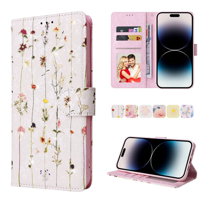iPhone 14 Pro Max Luxury Bronzing Leather Case - Floral RFID Wallet Cover with Stand & Card Slots