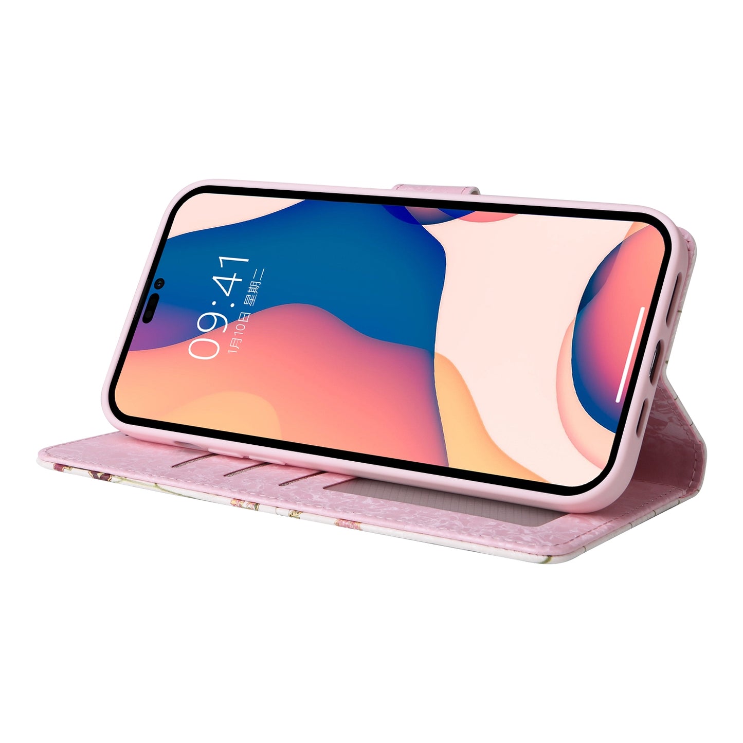 iPhone 14 Pro Max Luxury Bronzing Leather Case - Floral RFID Wallet Cover with Stand & Card Slots