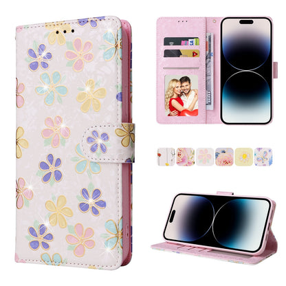 iPhone 14 Pro Max Luxury Bronzing Leather Case - Floral RFID Wallet Cover with Stand & Card Slots