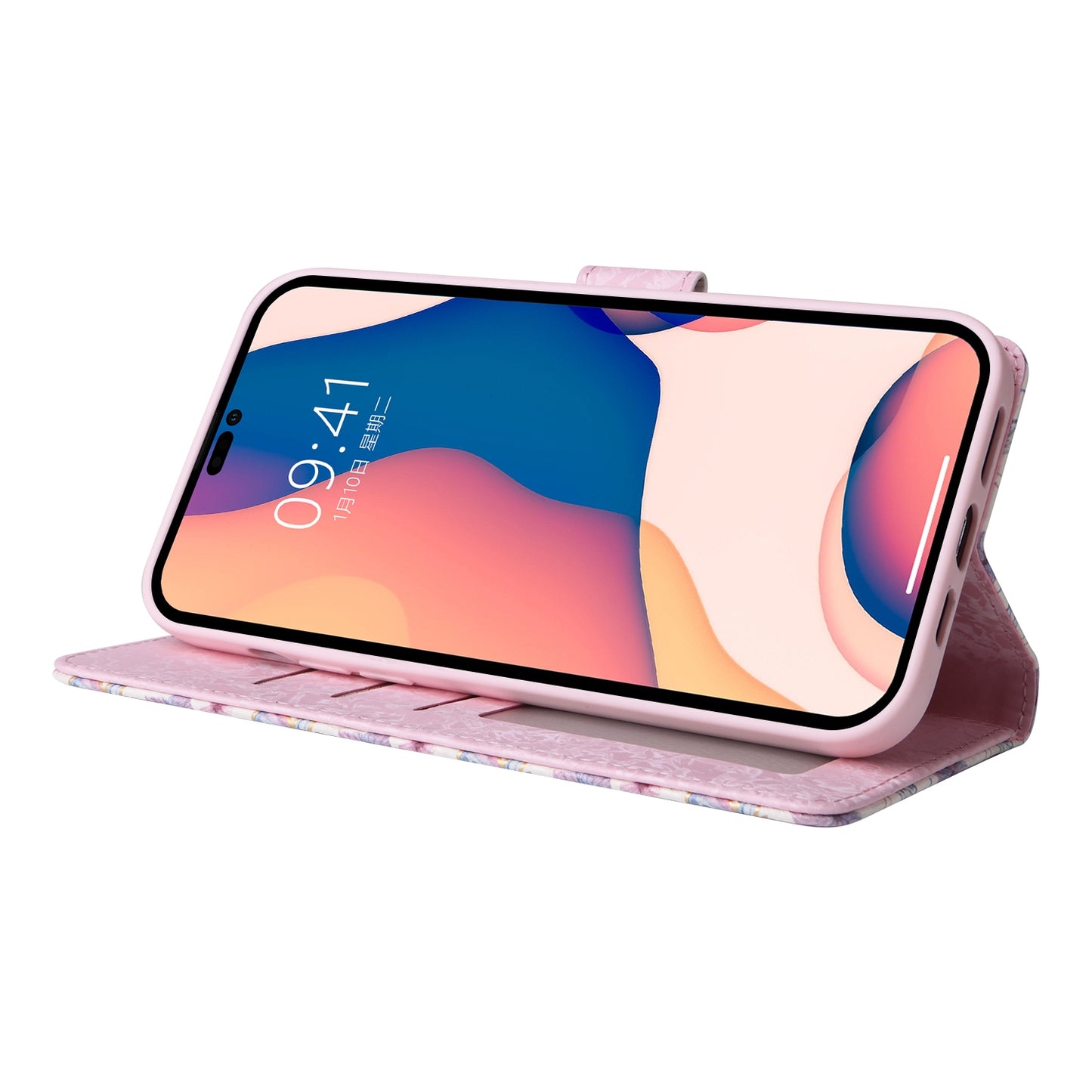 iPhone 14 Pro Max Luxury Bronzing Leather Case - Floral RFID Wallet Cover with Stand & Card Slots