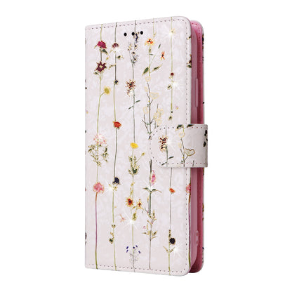 iPhone 13 mini Luxury Bronzing Leather Case - Floral RFID Wallet Cover with Stand & Card Slots