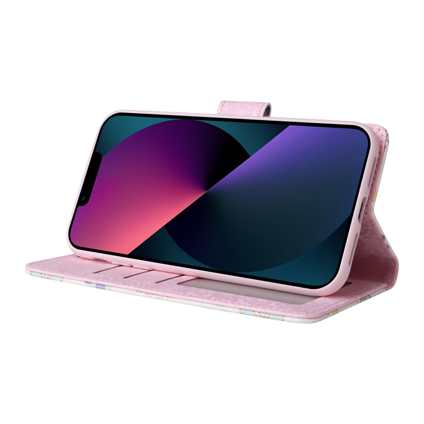 iPhone 13 mini Luxury Bronzing Leather Case - Floral RFID Wallet Cover with Stand & Card Slots