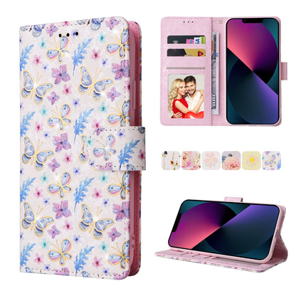 iPhone 13 mini Luxury Bronzing Leather Case - Floral RFID Wallet Cover with Stand & Card Slots