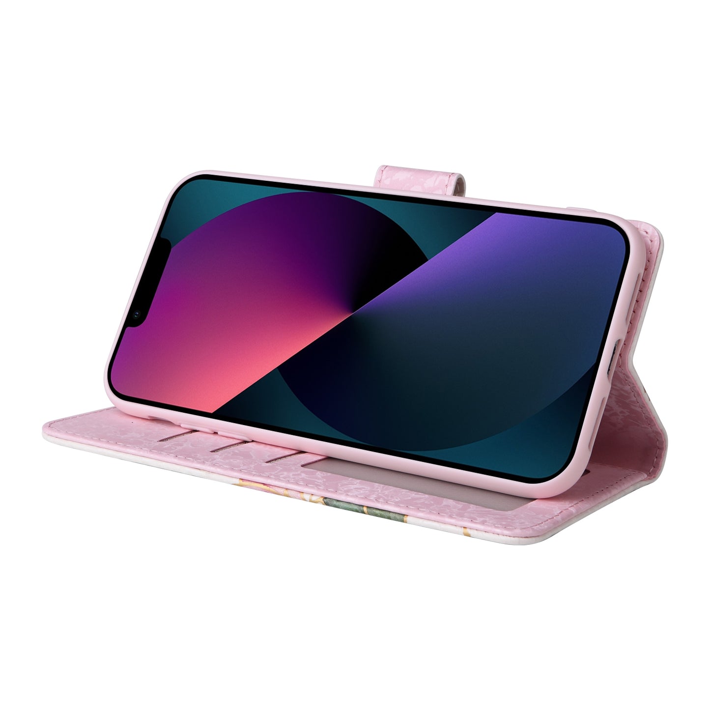 iPhone 13 mini Luxury Bronzing Leather Case - Floral RFID Wallet Cover with Stand & Card Slots