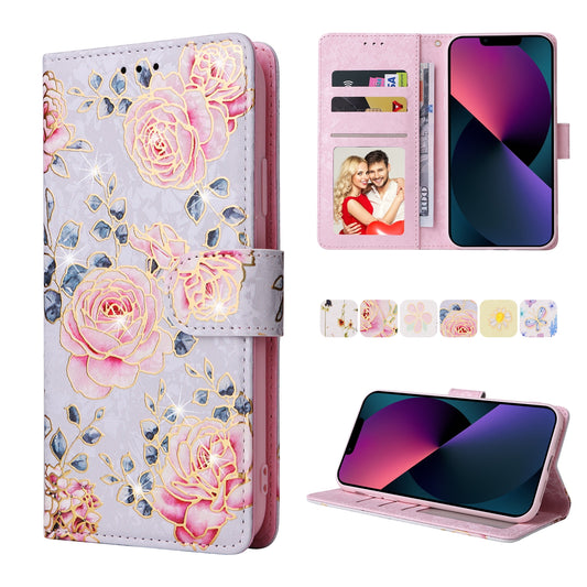 iPhone 13 Luxury Bronzing Leather Case - Floral RFID Wallet Cover with Stand & Card Slots