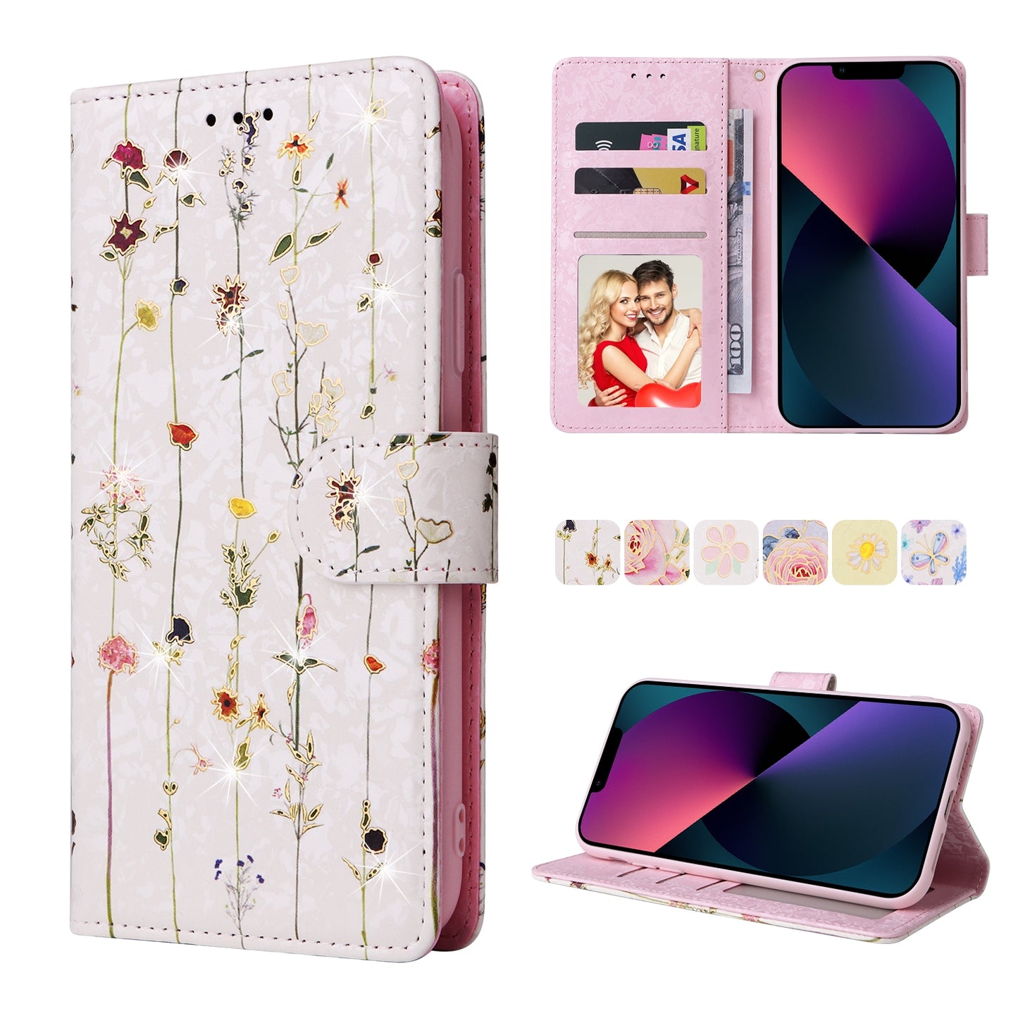 iPhone 13 Luxury Bronzing Leather Case - Floral RFID Wallet Cover with Stand & Card Slots