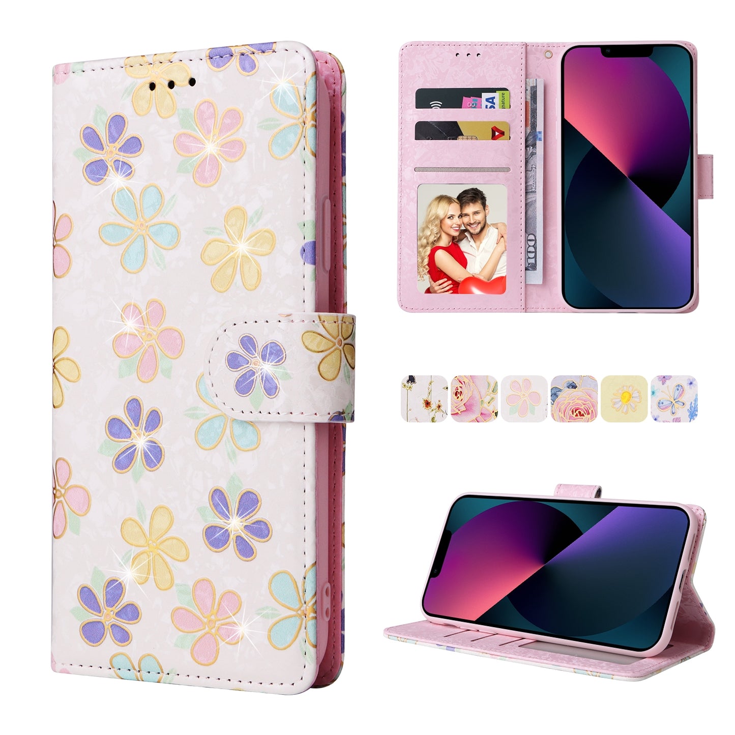 iPhone 13 Luxury Bronzing Leather Case - Floral RFID Wallet Cover with Stand & Card Slots