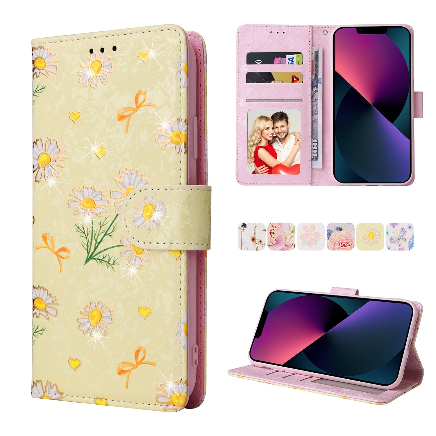 iPhone 13 Luxury Bronzing Leather Case - Floral RFID Wallet Cover with Stand & Card Slots