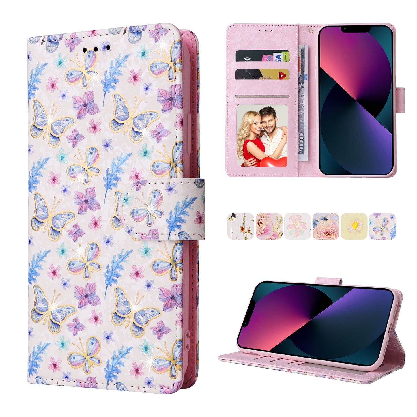 iPhone 13 Luxury Bronzing Leather Case - Floral RFID Wallet Cover with Stand & Card Slots