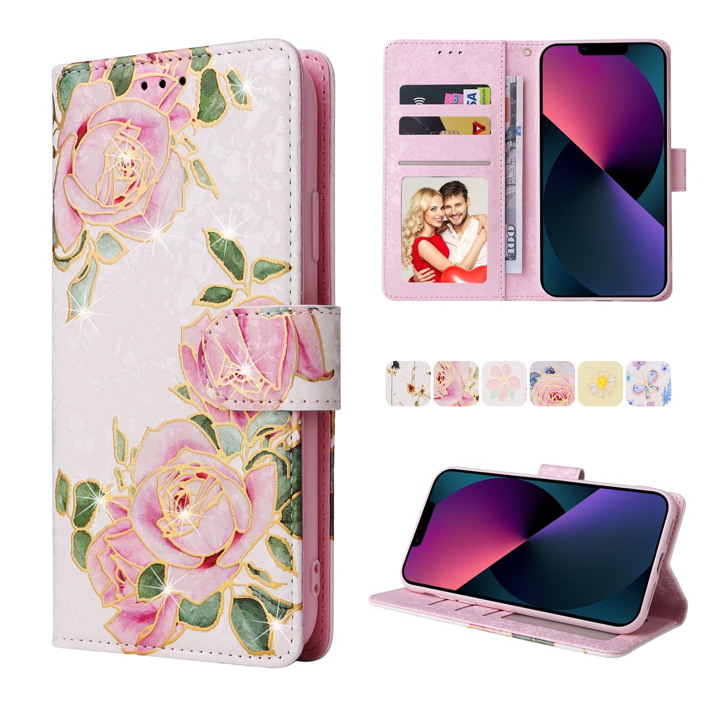 iPhone 13 Luxury Bronzing Leather Case - Floral RFID Wallet Cover with Stand & Card Slots