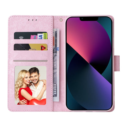 iPhone 13 Luxury Bronzing Leather Case - Floral RFID Wallet Cover with Stand & Card Slots