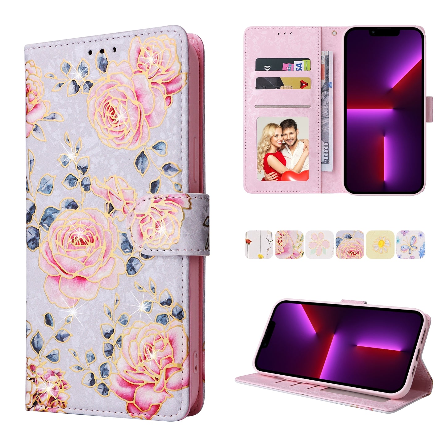 iPhone 13 Pro Luxury Bronzing Leather Case - Floral RFID Wallet Cover with Stand & Card Slots