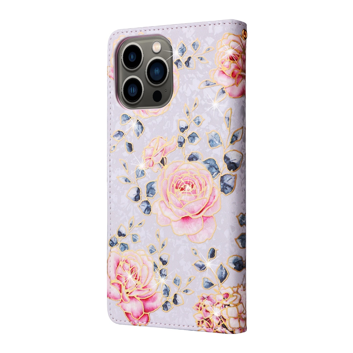 iPhone 13 Pro Luxury Bronzing Leather Case - Floral RFID Wallet Cover with Stand & Card Slots