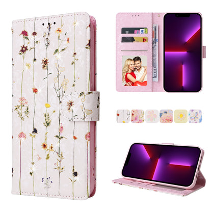iPhone 13 Pro Luxury Bronzing Leather Case - Floral RFID Wallet Cover with Stand & Card Slots