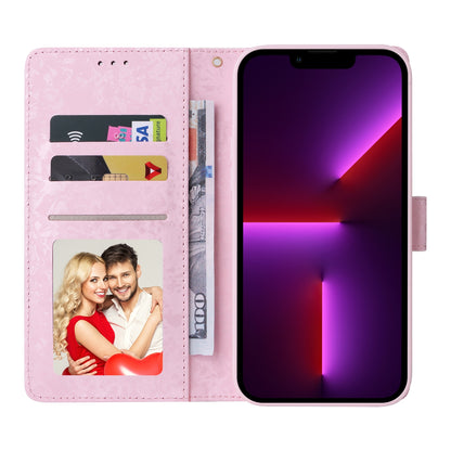 iPhone 13 Pro Luxury Bronzing Leather Case - Floral RFID Wallet Cover with Stand & Card Slots