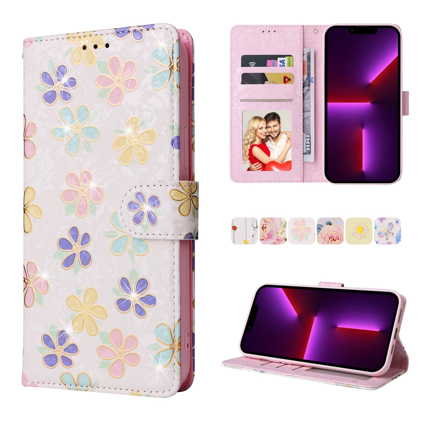 iPhone 13 Pro Luxury Bronzing Leather Case - Floral RFID Wallet Cover with Stand & Card Slots