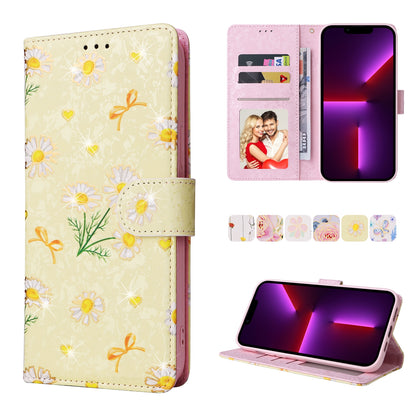 iPhone 13 Pro Luxury Bronzing Leather Case - Floral RFID Wallet Cover with Stand & Card Slots