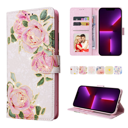 iPhone 13 Pro Luxury Bronzing Leather Case - Floral RFID Wallet Cover with Stand & Card Slots
