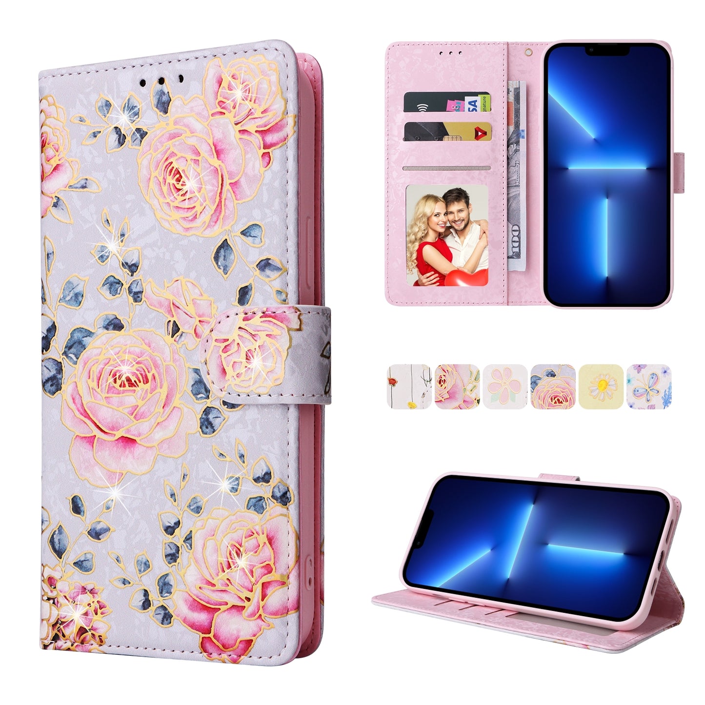 iPhone 13 Pro Max Luxury Bronzing Leather Case - Floral RFID Wallet Cover with Stand & Card Slots