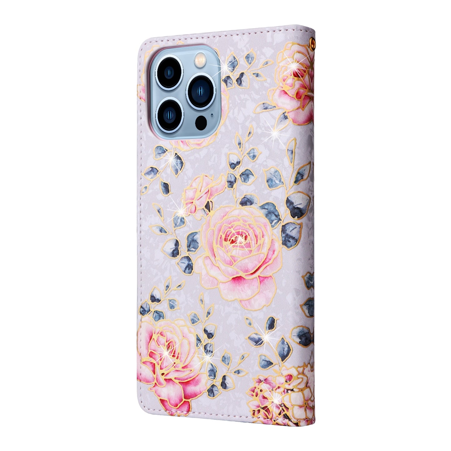 iPhone 13 Pro Max Luxury Bronzing Leather Case - Floral RFID Wallet Cover with Stand & Card Slots