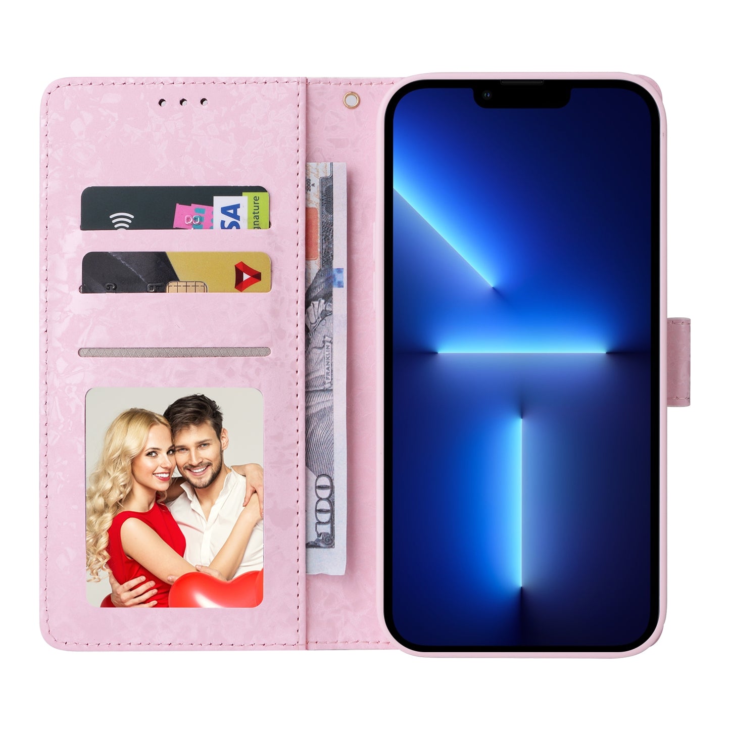 iPhone 13 Pro Max Luxury Bronzing Leather Case - Floral RFID Wallet Cover with Stand & Card Slots