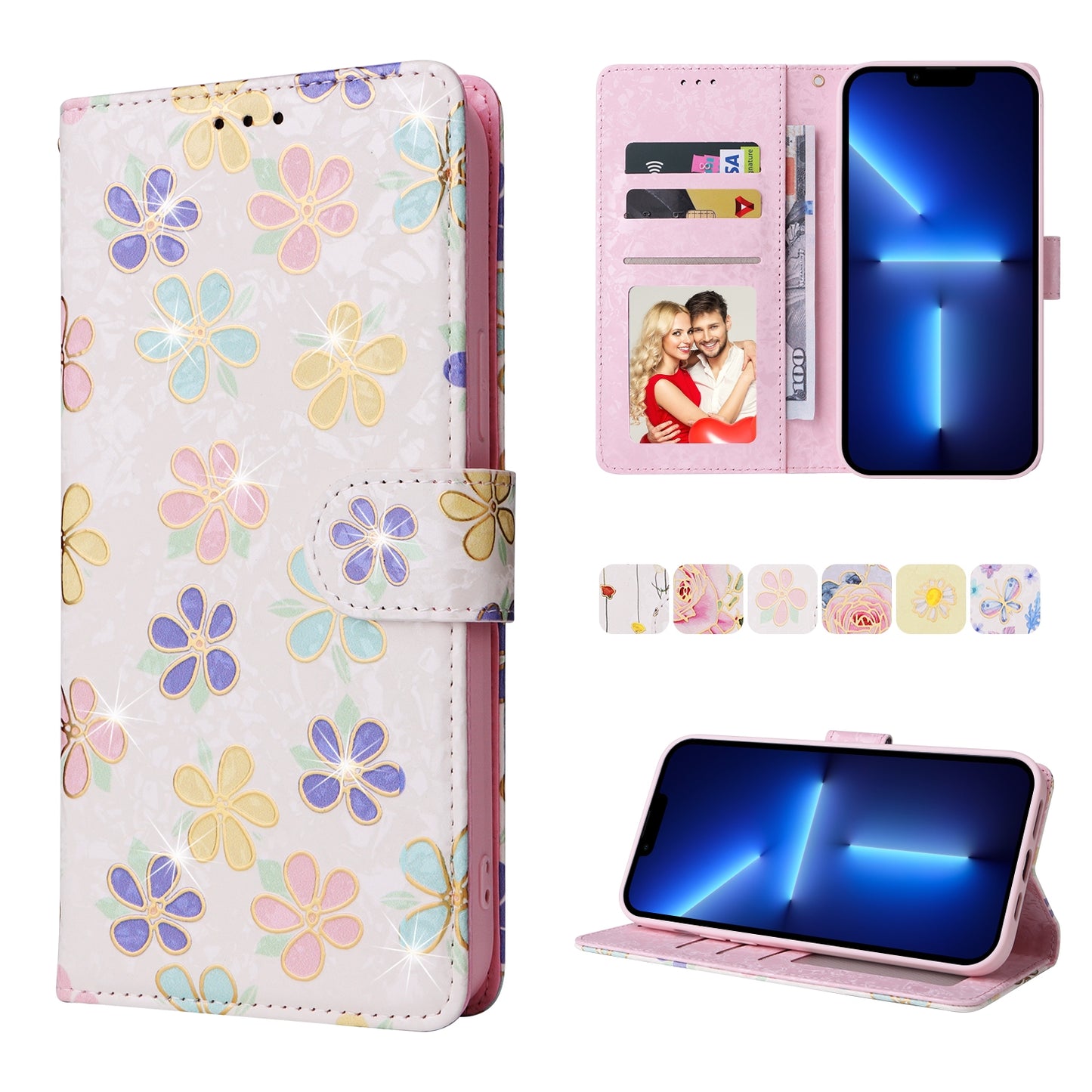 iPhone 13 Pro Max Luxury Bronzing Leather Case - Floral RFID Wallet Cover with Stand & Card Slots
