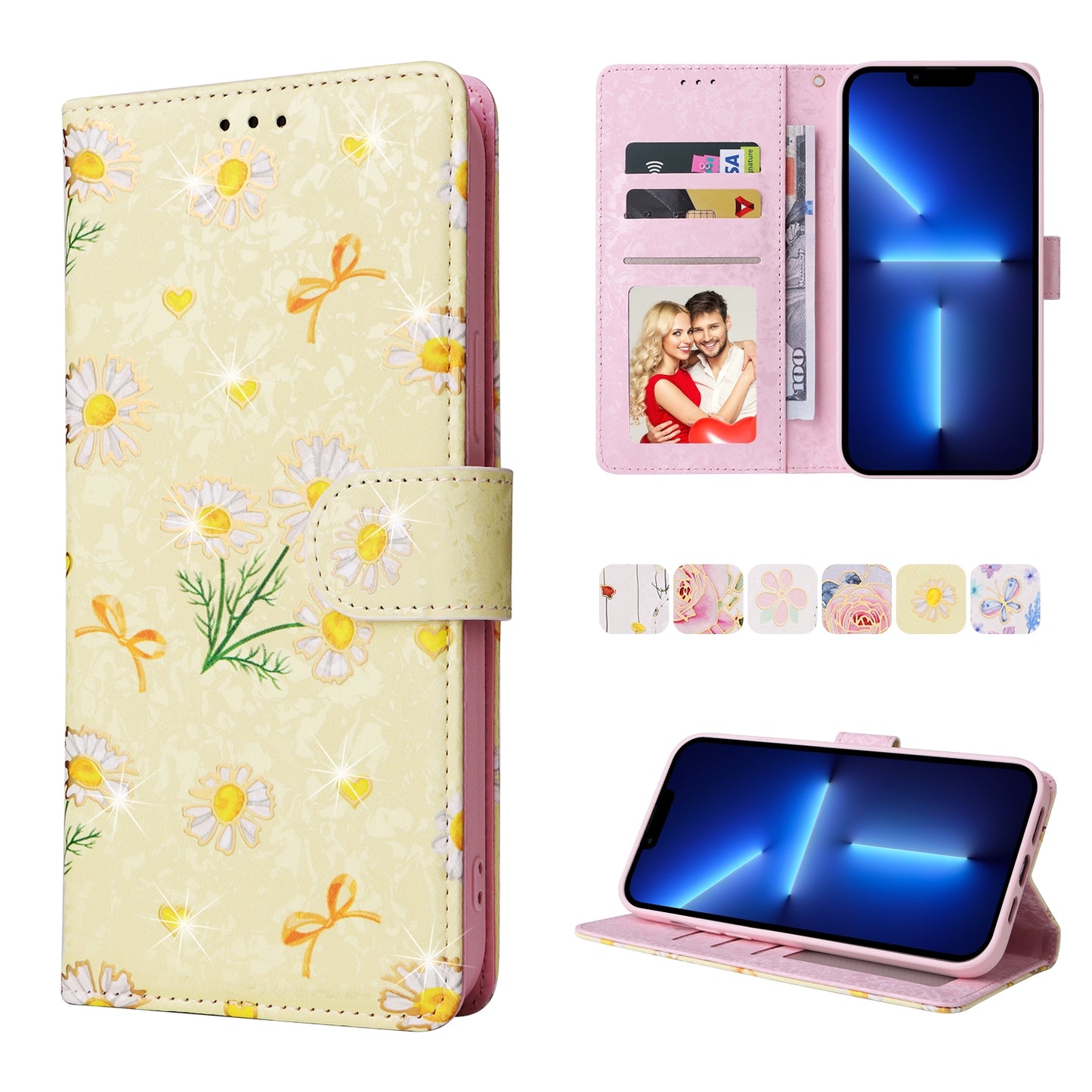 iPhone 13 Pro Max Luxury Bronzing Leather Case - Floral RFID Wallet Cover with Stand & Card Slots