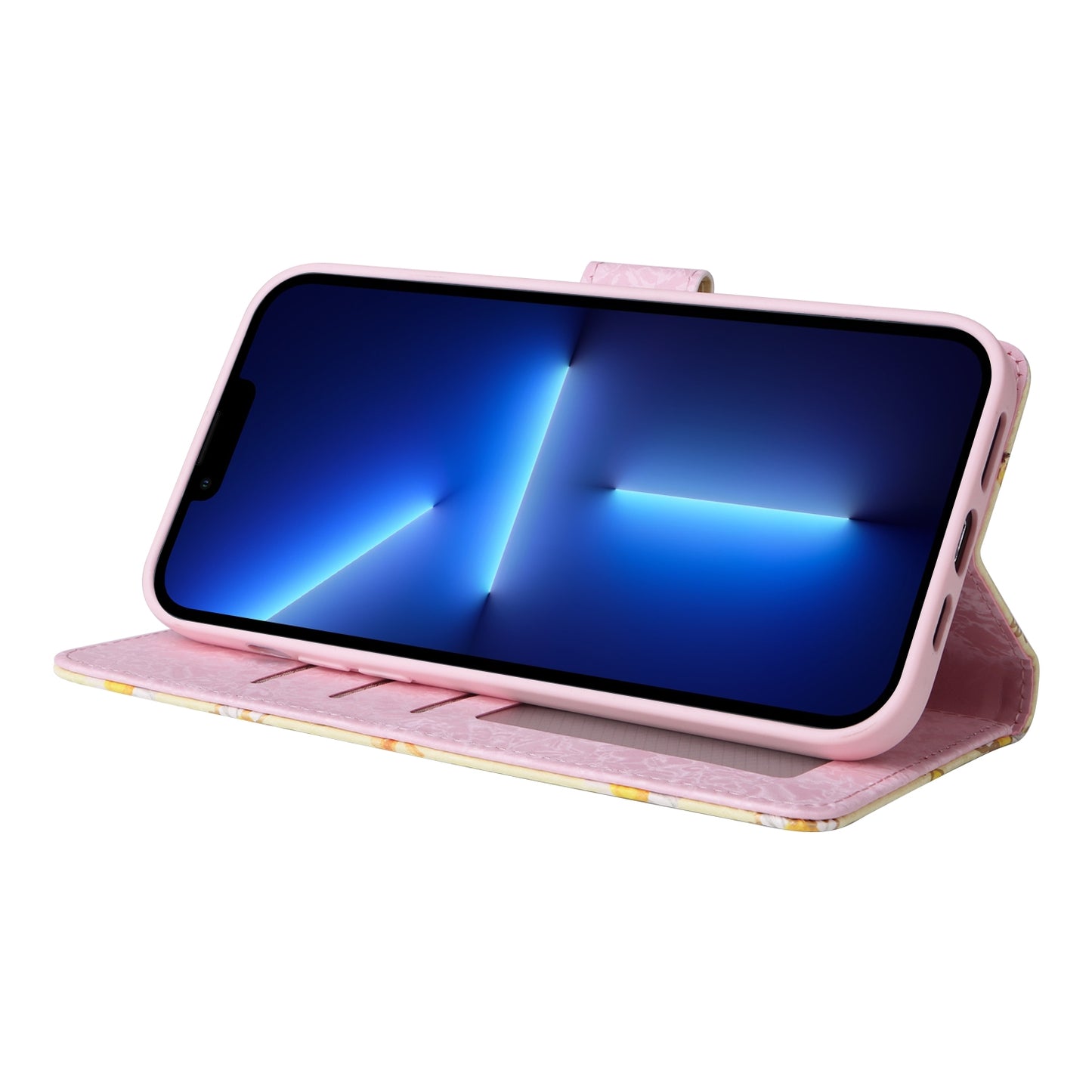 iPhone 13 Pro Max Luxury Bronzing Leather Case - Floral RFID Wallet Cover with Stand & Card Slots