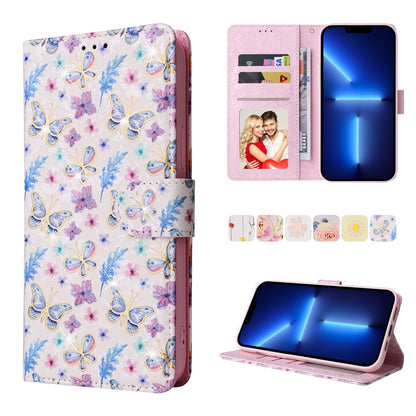 iPhone 13 Pro Max Luxury Bronzing Leather Case - Floral RFID Wallet Cover with Stand & Card Slots