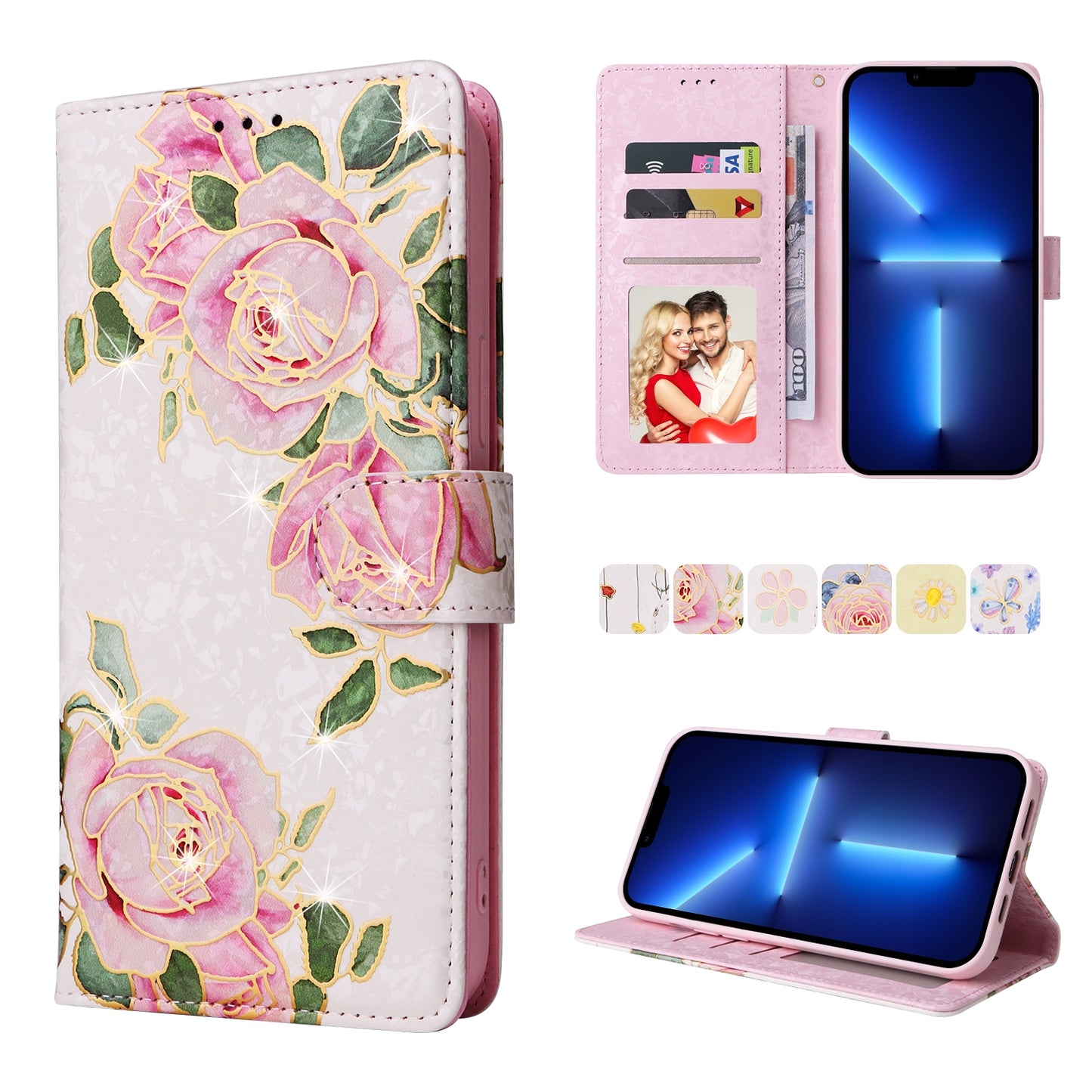 iPhone 13 Pro Max Luxury Bronzing Leather Case - Floral RFID Wallet Cover with Stand & Card Slots