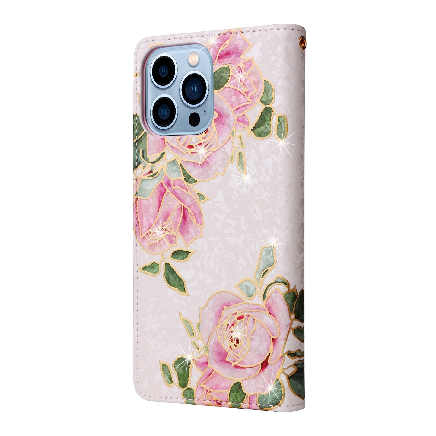 iPhone 13 Pro Max Luxury Bronzing Leather Case - Floral RFID Wallet Cover with Stand & Card Slots