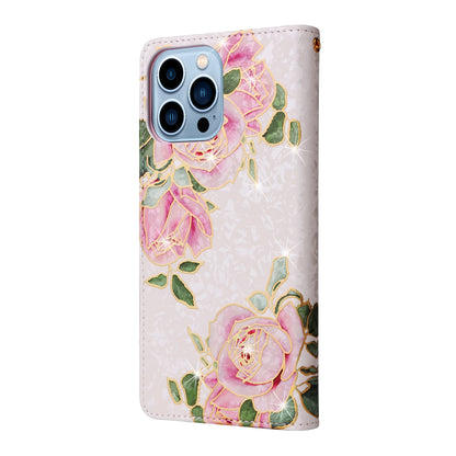 iPhone 13 Pro Max Luxury Bronzing Leather Case - Floral RFID Wallet Cover with Stand & Card Slots