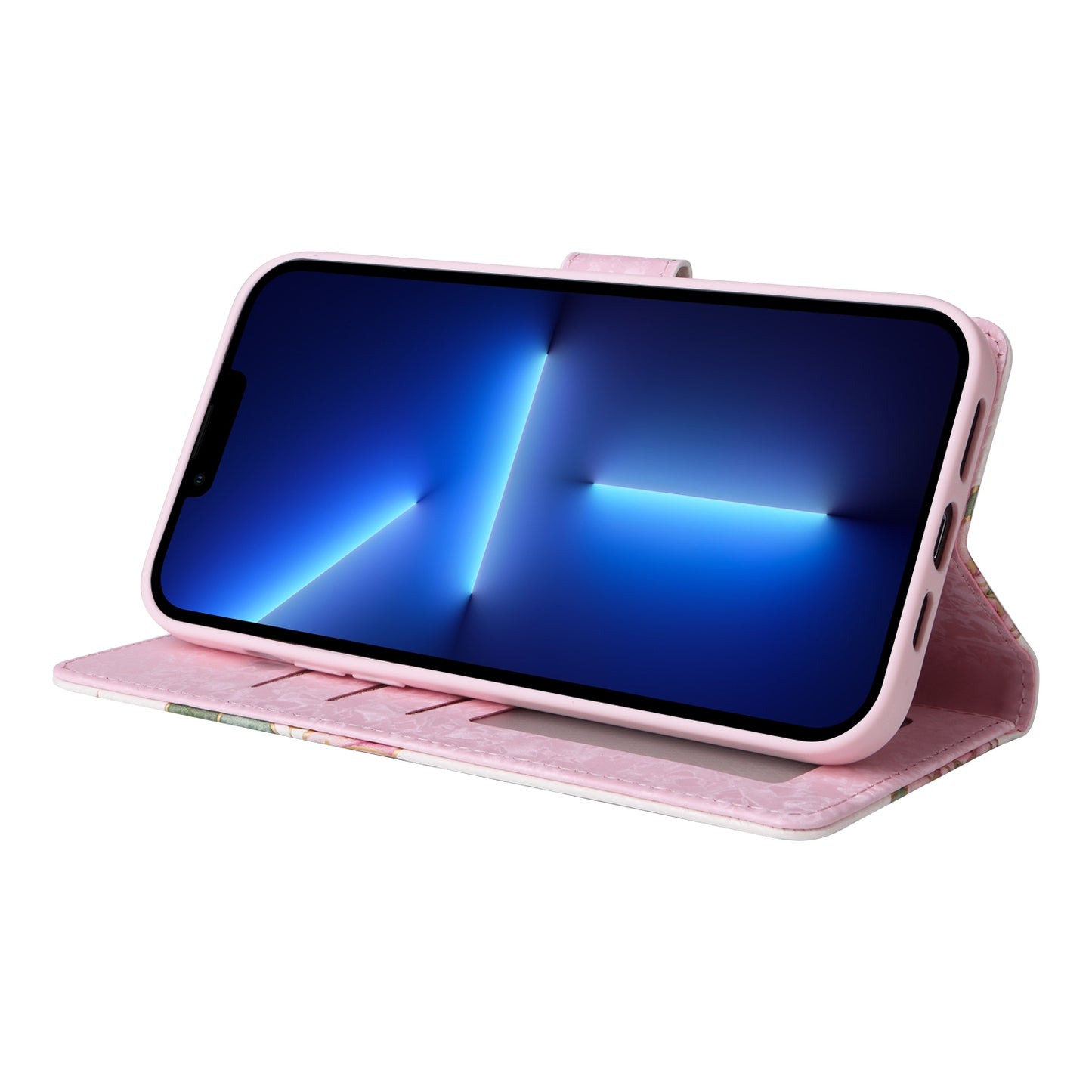 iPhone 13 Pro Max Luxury Bronzing Leather Case - Floral RFID Wallet Cover with Stand & Card Slots