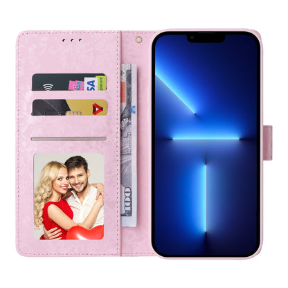 iPhone 13 Pro Max Luxury Bronzing Leather Case - Floral RFID Wallet Cover with Stand & Card Slots