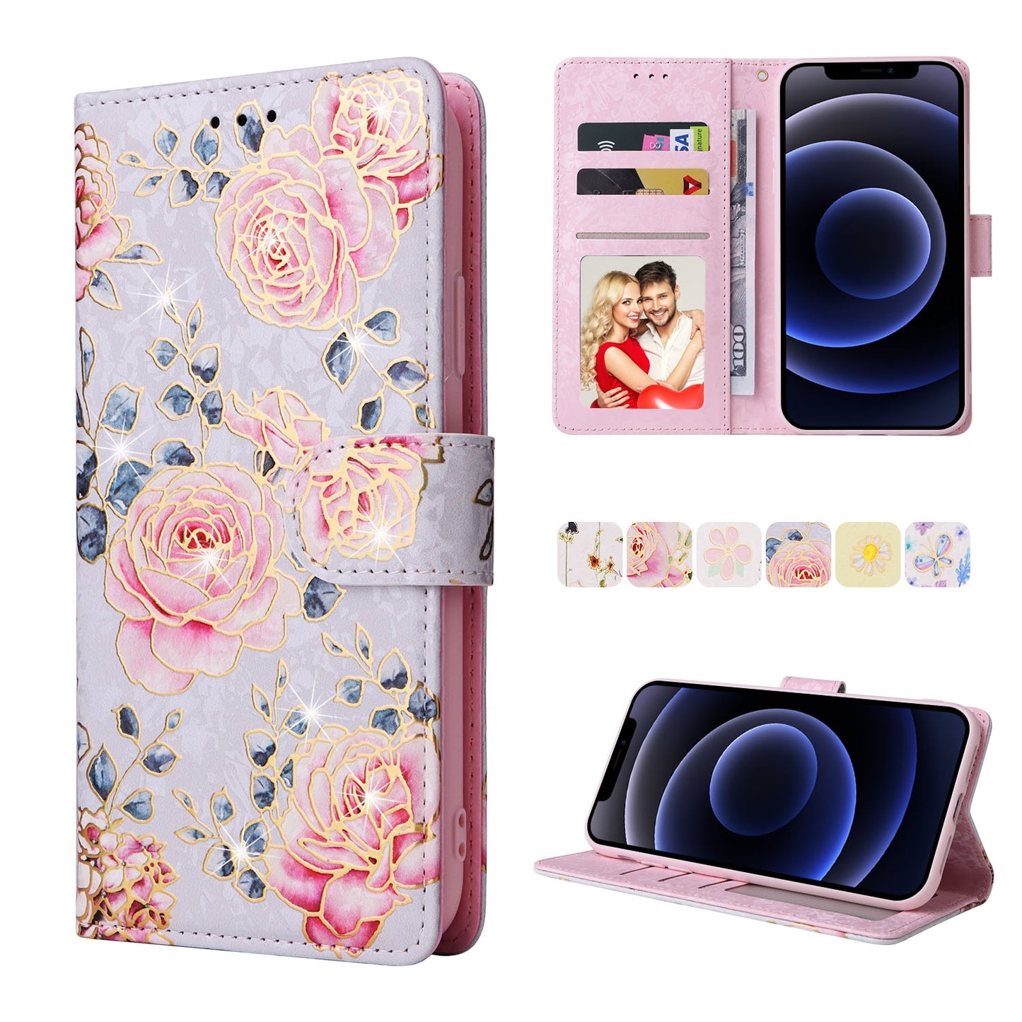 iPhone 12 mini Luxury Bronzing Leather Case - Floral RFID Wallet Cover with Stand & Card Slots