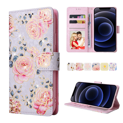 iPhone 12 mini Luxury Bronzing Leather Case - Floral RFID Wallet Cover with Stand & Card Slots