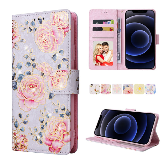 iPhone 12 mini Luxury Bronzing Leather Case - Floral RFID Wallet Cover with Stand & Card Slots