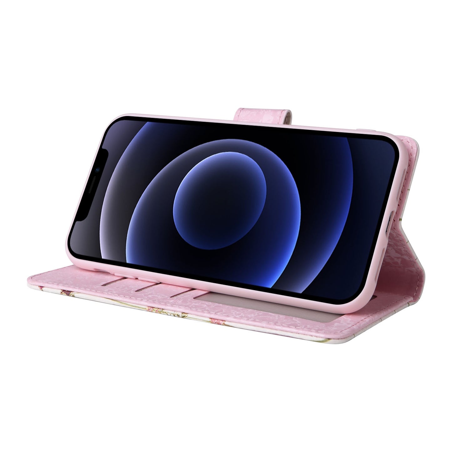 iPhone 12 mini Luxury Bronzing Leather Case - Floral RFID Wallet Cover with Stand & Card Slots