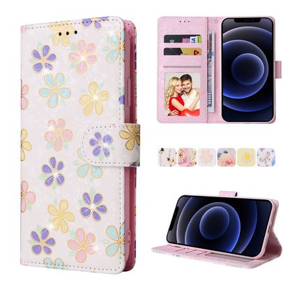 iPhone 12 mini Luxury Bronzing Leather Case - Floral RFID Wallet Cover with Stand & Card Slots