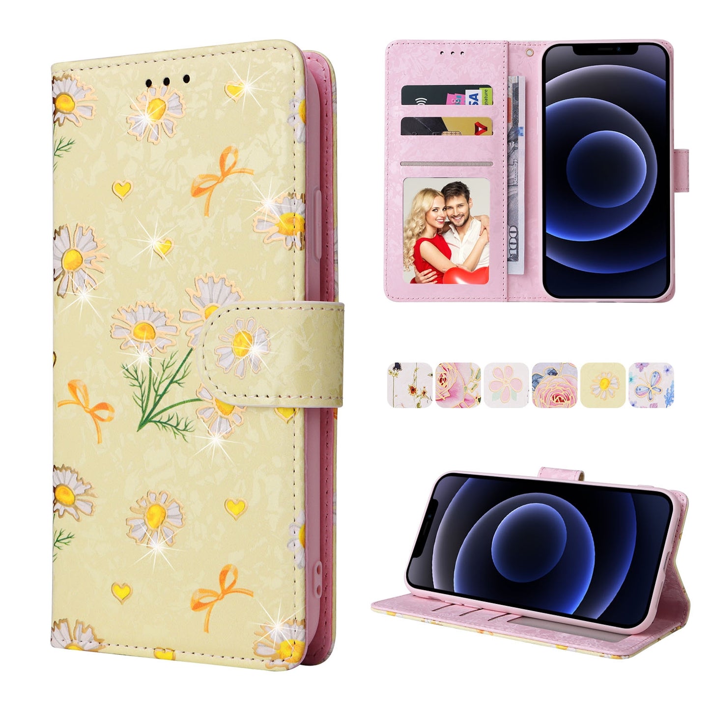iPhone 12 mini Luxury Bronzing Leather Case - Floral RFID Wallet Cover with Stand & Card Slots