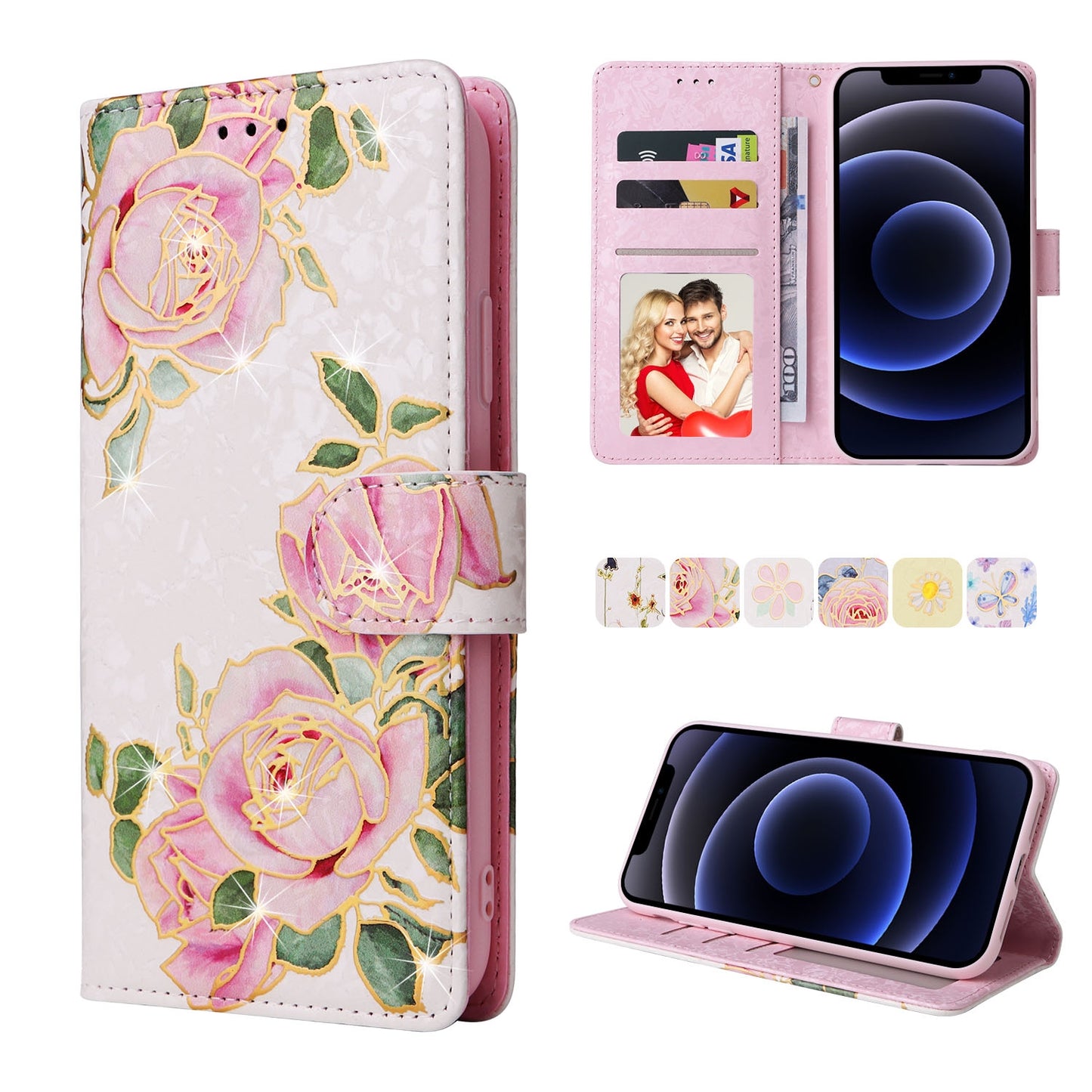 iPhone 12 mini Luxury Bronzing Leather Case - Floral RFID Wallet Cover with Stand & Card Slots