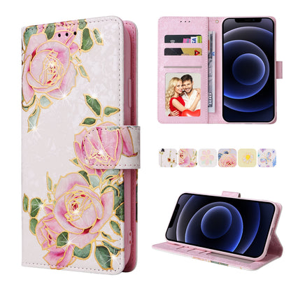 iPhone 12 mini Luxury Bronzing Leather Case - Floral RFID Wallet Cover with Stand & Card Slots